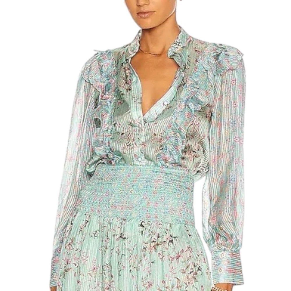 HEMANT & NANDITA Missima Blouse Button Up‎ Shirt Floral Blue Metallic Top Sz XS